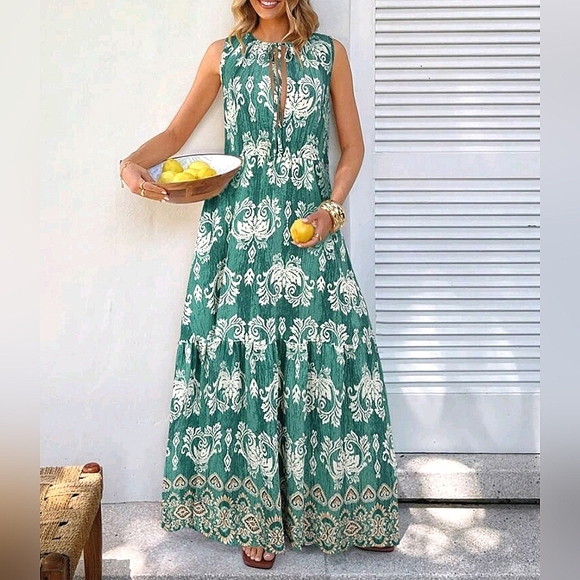 Dresses | New Flowy Split Neck Tiered Maxi Smock Dress Green | Poshmark